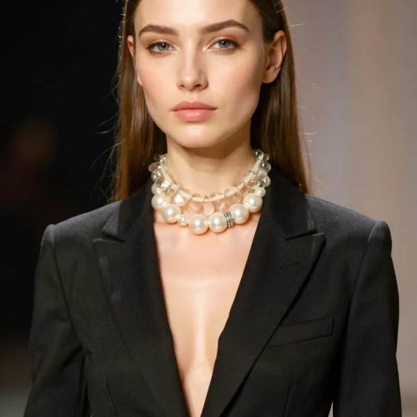 🤍 A blend of timeless elegance and contemporary flair, this exquisite necklace combo brings versatility to the forefront of jewelry design. Featuring two complementary pieces—a medium-sized simulation pearl necklace and a choker embellished with tooth-shaped clear resin beads—this layered set creates a harmonious balance of classic and bold aesthetics. The pearl necklace exudes sophistication with its gentle luster and graceful drape, while the resin-bead choker adds a modern twist, catching light and attention with its sculptural clarity. Together, they form a striking combo that adapts beautifully to both day and evening wear. Wear them as a layered showpiece for maximum impact, or individually for a more subtle, refined touch.  Each necklace includes an adjustable extension, offering lengths that adapt seamlessly to your outfit and neckline. Whether styled with a crisp blouse or a cocktail dress, this set allows you to tailor your look effortlessly. Crafted for those who appreciate jewelry as both adornment and expression, this combo set is a celebration of style and adaptability. With only three mentions of the word "combo," the description keeps the spotlight where it belongs—on the artistry and transformative power of the pieces themselves. A must-have addition for any collector seeking elegance with a hint of edge. The clear beads choker measures 15 IN/5 OZ. The pearl beads necklace measures 19 IN/6 OZ. Extension up to 5 IN. A set 19 IN/11 OZ
