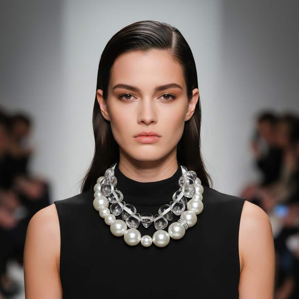 🤍 A blend of timeless elegance and contemporary flair, this exquisite necklace combo brings versatility to the forefront of jewelry design. Featuring two complementary pieces—a medium-sized simulation pearl necklace and a choker embellished with tooth-shaped clear resin beads—this layered set creates a harmonious balance of classic and bold aesthetics. The pearl necklace exudes sophistication with its gentle luster and graceful drape, while the resin-bead choker adds a modern twist, catching light and attention with its sculptural clarity. Together, they form a striking combo that adapts beautifully to both day and evening wear. Wear them as a layered showpiece for maximum impact, or individually for a more subtle, refined touch.  Each necklace includes an adjustable extension, offering lengths that adapt seamlessly to your outfit and neckline. Whether styled with a crisp blouse or a cocktail dress, this set allows you to tailor your look effortlessly. Crafted for those who appreciate jewelry as both adornment and expression, this combo set is a celebration of style and adaptability. The combo keeps the spotlight where it belongs—on the artistry and transformative power of the pieces themselves. A must-have addition for any collector seeking elegance with a hint of edge. The clear beads choker measures 15 IN/5 OZ. The pearl beads necklace measures 19 IN/6 OZ. Extension up to 5 IN. A set 19 IN/11 OZ