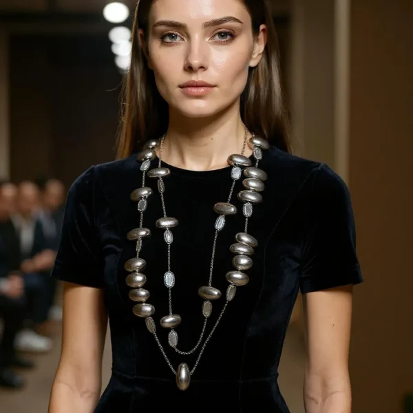 ✨ Radiant and refined, this two-strand chain necklace embodies sophisticated charm with a captivating mix of texture and shine. Measuring 20 inches and weighing 8 ounces, it balances luxurious presence with everyday comfort, making it ideal for both casual chic and formal elegance. The design features large oval metal beads expertly arranged along two delicate strands, creating a rhythm of movement and glimmer. These beads, evocative of silver drops, lend the piece a fluid beauty—each one catching light with a smooth, lustrous finish. Interspersed throughout are creamy freshwater pearls, whose organic shimmer adds a classic touch and soft contrast to the metallic elements. Rhinestone accent beads punctuate the design, injecting a sparkle that elevates the necklace’s glamour without overwhelming its graceful lines. This interplay of pearl sheen, rhinestone brilliance, and silver drops-like reflections makes the necklace a visual symphony of balance and elegance. The craftsmanship reflects a blend of timeless style and modern artistry, with each element curated to enhance the overall impact. Whether worn with a silk blouse or an evening dress, this piece is a standout accessory with story and sparkle. It whispers sophistication and speaks boldly—thanks in part to the subtle drama of its silver drops, seen only where they belong.