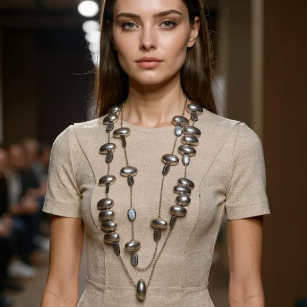 ✨ Radiant and refined, this two-strand chain necklace embodies sophisticated charm with a captivating mix of texture and shine. Measuring 20 inches and weighing 8 ounces, it balances luxurious presence with everyday comfort, making it ideal for both casual chic and formal elegance. The design features large oval metal beads expertly arranged along two delicate strands, creating a rhythm of movement and glimmer. These beads, evocative of silver drops, lend the piece a fluid beauty—each one catching light with a smooth, lustrous finish. Interspersed throughout are creamy freshwater pearls, whose organic shimmer adds a classic touch and soft contrast to the metallic elements. Rhinestone accent beads punctuate the design, injecting a sparkle that elevates the necklace’s glamour without overwhelming its graceful lines. This interplay of pearl sheen, rhinestone brilliance, and silver drops-like reflections makes the necklace a visual symphony of balance and elegance. The craftsmanship reflects a blend of timeless style and modern artistry, with each element curated to enhance the overall impact. Whether worn with a silk blouse or an evening dress, this piece is a standout accessory with story and sparkle. It whispers sophistication and speaks boldly—thanks in part to the subtle drama of its silver drops, seen only where they belong.