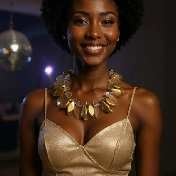 🌟 Refined yet expressive, this statement necklace commands attention with its sculptural charm and luminous palette. Measuring 20 inches and weighing 15 ounces, it offers substantial presence while maintaining a comfortable drape against the collarbone. Designed to impress, this piece strikes the perfect balance between elegance and bold artistry. The necklace showcases a single strand expertly arranged with large, clear beads and uniquely shaped accents reminiscent of gold leaf. These golden elements shimmer gently, adding depth and warmth without overwhelming the composition. Interspersed among the clear beads, each gold leaf-shaped piece offers a naturalistic flow that evokes movement and organic grace. As a neutral-toned creation, the pairing of transparent brilliance and metallic gleam makes this necklace an adaptable addition to any wardrobe. Whether styled with daytime neutrals or paired with an evening ensemble, its versatility ensures it enhances without competing. What elevates this piece beyond accessory status is the thoughtful clustering of elements. By blending clear forms with strategically placed gold leaf accents, the design achieves a sophisticated harmony—clean, artistic, and full of character. With the final touch of gold leaf completing the triad of sparkle, this necklace becomes more than jewelry—it becomes your signature piece for radiant self-expression.