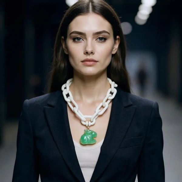 🐇 Fresh, playful, and full of charm—the Acrylic Chain Necklace brings contemporary design and symbolic meaning into perfect harmony. Measuring 17 to 20 inches and weighing just 3 ounces, it offers an adjustable length for your ideal fit, pairing comfort with stylish versatility. This piece features a sleek white chain link structure that commands attention with its bold silhouette and glossy texture. Lightweight yet durable, the chain adds a sculptural dimension that feels both minimalist and expressive. Its crisp neutrality makes it a go-to accessory for any outfit, whether you’re styling for daytime ease or evening edge. The centerpiece—a hand-crafted Aventurine bunny pendant—is more than decorative. Aventurine is known for attracting prosperity and promoting emotional wellness, while the bunny shape adds a touch of whimsy and gentle symbolism associated with fertility, abundance, and intuitive movement. Suspended gracefully from the acrylic chain, the pendant creates a charming contrast that enhances its visual appeal. Whether layered with other pieces or worn as a standalone accent, this necklace brings out individuality while inviting positive energy into your style story.  With only three mentions of "acrylic chain," the description keeps the spotlight on artistry and intention. It’s not just a necklace—it’s a celebration of personality, positivity, and contemporary grace.