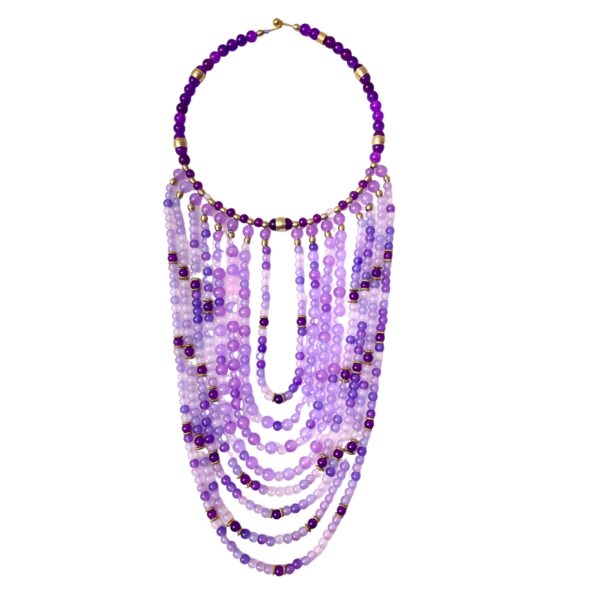 The choker measures 16 IN, and the longest strand of beads measures 30 IN.   The necklace design displays dangling glass beads in shades of purple with brass accent beads—the beads lay in the front of the chest without moving out of place. 