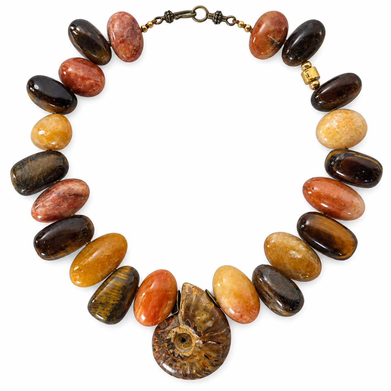 Rusty Necklace featuring polished Tiger Eye and Aventurine stones with central Ammonite fossil pendant in warm earthy tones.