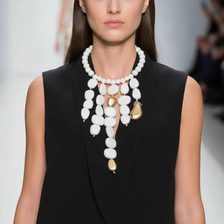 Model wearing Cascade Necklace with white and gold beads styled over a black sleeveless dress.