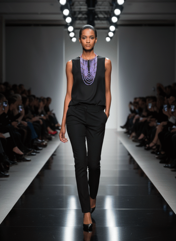 💜 Elegant and expressive, this multi-strand necklace is a tribute to timeless style and vibrant color. With a structure that gracefully transitions from a 16-inch choker to cascading strands reaching 30 inches, it offers layered drama while maintaining a comfortable, fluid silhouette. The necklace is composed of a rich assortment of purple tones, each shade thoughtfully chosen to evoke depth and dimension. Interspersed throughout are brass accent beads that lend warmth and refinement, creating a luxurious contrast against the cooler palette. These metallic touches add subtle shimmer while anchoring the design with polished elegance. At the front, the beads are meticulously arranged to form a stable focal point, ensuring both balance and visual impact. Among the carefully selected materials are glass beads whose glossy finish elevates the overall texture. These glass beads not only amplify light reflection but also contribute to the necklace’s sophisticated rhythm. A third reference to glass beads underscores their integral role in the composition, offering continuity without overstatement. Ideal for both casual and formal occasions, this necklace moves easily from daywear to evening refinement. Its multi-strand form and intentional color play make it a standout statement piece. Let it frame your neckline with confidence and artistry—an embodiment of modern charm and enduring grace.