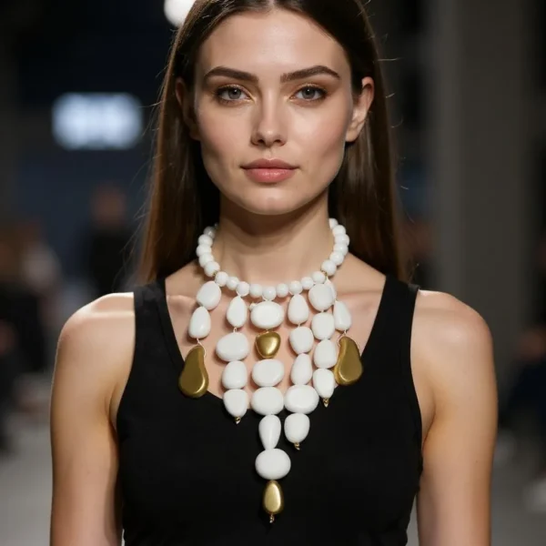 ✨ Refined and dramatic, this cascade of beads transforms simplicity into spectacle. Crafted as a 16-inch choker paired with an extended 28-inch bead strand, it creates dynamic depth that flows across the neckline with undeniable presence. Weighing 8 ounces, the design maintains comfort while offering bold styling versatility for both casual and formal attire. At the heart of this piece are lustrous acrylic white beads that dangle with playful elegance, softened by shimmering gold accent beads that catch the light in perfect rhythm. The brilliant contrast between crisp white and warm gold infuses the necklace with an effortlessly chic vibe—striking enough to stand alone, subtle enough to layer. The central cascade of white beads, arranged in descending tiers, mimics fluid movement and adds a sculptural element to the silhouette. A second cascade effect is achieved through the elongated strand, allowing the necklace to fall with graceful asymmetry, accentuating décolletage or high necklines alike. The final cascade is found in the way each bead seems to drop into place, thoughtfully composed to create a clean yet opulent finish. From gallery openings to garden parties, this statement necklace elevates every moment with poise and brilliance. It’s not just jewelry—it’s wearable rhythm.