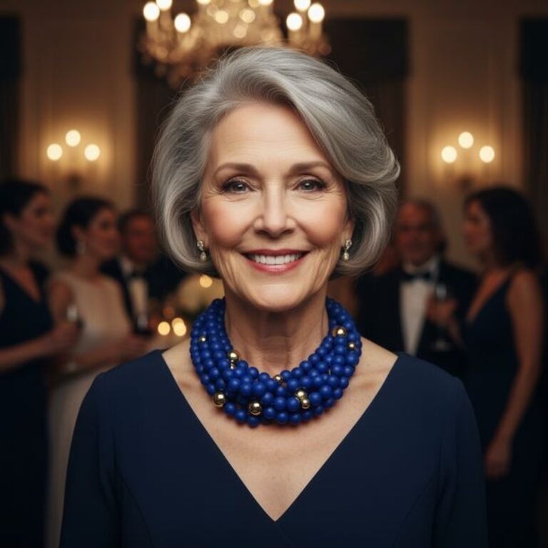 Elegant woman wearing multi‑strand cobalt blue beaded necklace with gold accents at a formal evening event.
