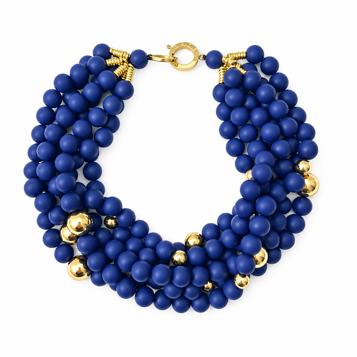 Cobalt Blue Necklace featuring multiple strands of matte navy silicone beads with gold accents and clasp.