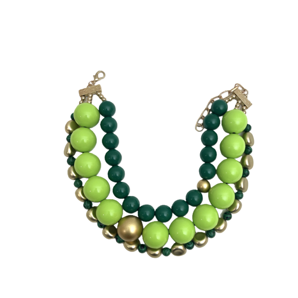 This exquisite triple strand choker necklace showcases a harmonious blend of forest green medium-sized beads, vibrant lime green large beads, and delicate malachite green small beads, all elegantly interspersed with accent gold beads. The design creates a stunning visual display, making it a standout piece that embodies the splendor of greens. Perfect for adding a touch of color with sophistication in both casual and formal occasions. This choker necklace includes an extender; you can wear it at 16 IN and up to 20 IN with the extender.
