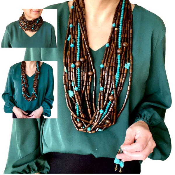 This exquisite multi-strand necklace is practical in every sense, seamlessly blending style and functionality. Handcrafted with care, it features polished wooden beads that showcase their warm, natural tones alongside vibrant turquoise accents that inject a burst of color into any look. The combination creates a striking visual appeal that feels both grounded and fresh. Measuring 38 inches when worn as a single strand, the necklace hangs gracefully, draping around the neck in elegant layers. Its versatile horseshoe clasp design offers a practical way for styling options, allowing you to double it up into a chic choker for a completely different vibe. This duality makes the piece practical for everyday wear and ideal for special occasions alike. Each bead is meticulously chosen to ensure uniformity in shape and color, resulting in a harmonious flow that highlights the contrast between deep wood grains and the bright turquoise hue. The horseshoe clasp, with its smooth curves and secure closure, adds a refined touch, reinforcing the necklace’s blend of artisanal craftsmanship and modern sensibility. Whether you’re dressing up a simple blouse or accentuating a formal gown, this statement necklace elevates your ensemble with ease. It’s the perfect accessory for those who appreciate adaptive design and enduring beauty.