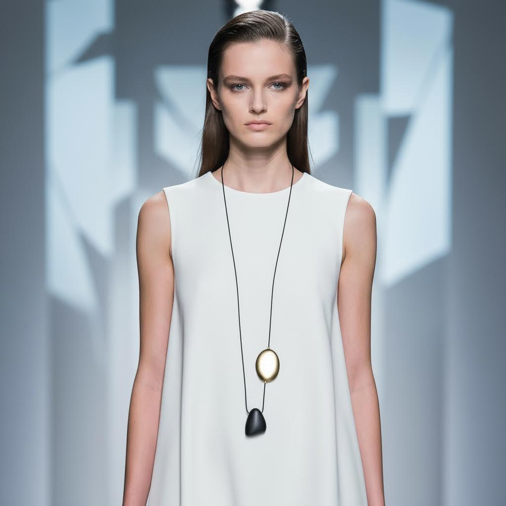 Model wearing a long black cord necklace with matte black geometric pendant and gold oval accent over a white sleeveless dress.
