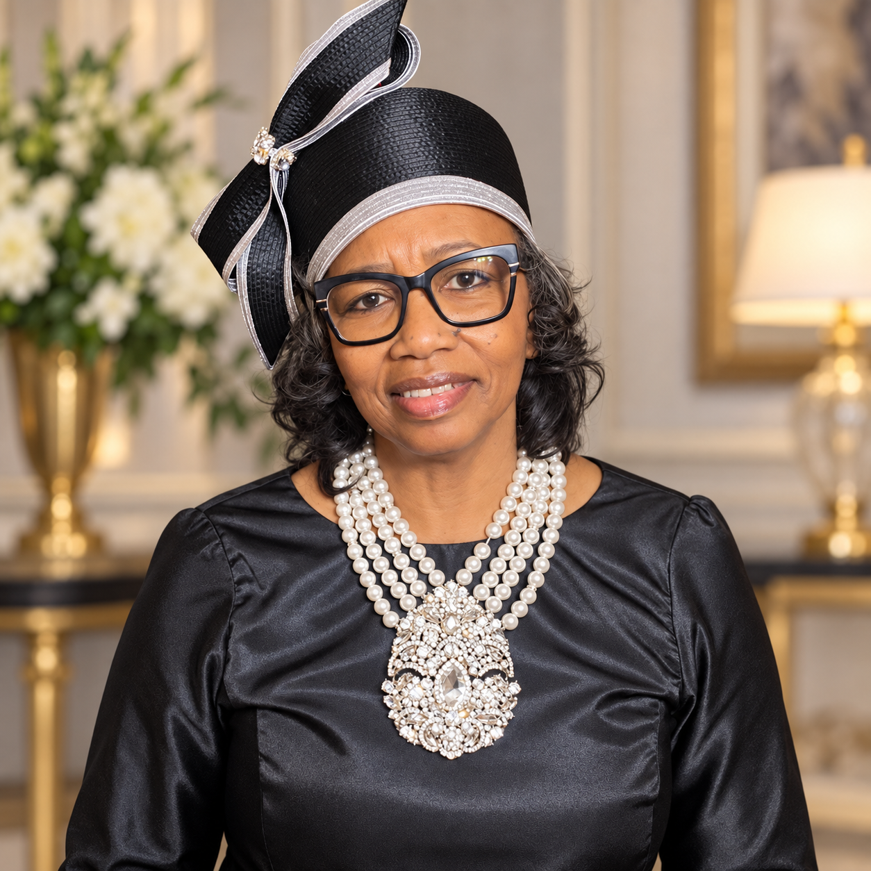 A woman wearing a black satin dress and matching hat adorned with a silver bow, showcasing a multistrand pearl necklace with an ornate crystal brooch pendant.