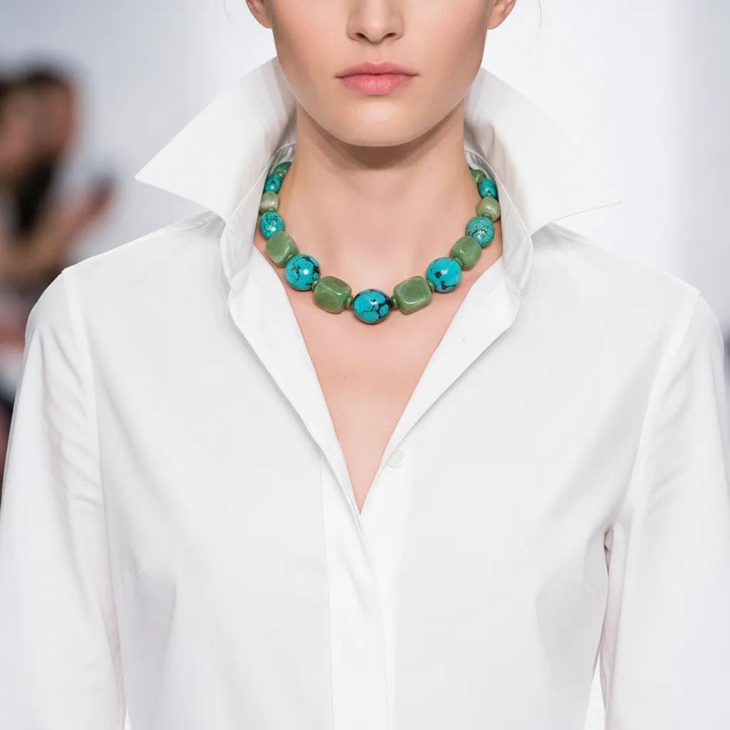 Model wearing a crisp white button‑down shirt with a wide collar, showcasing a chunky Aventurine Turquoise necklace composed of alternating green and turquoise stones with natural veining, styled in a minimalist fashion setting.