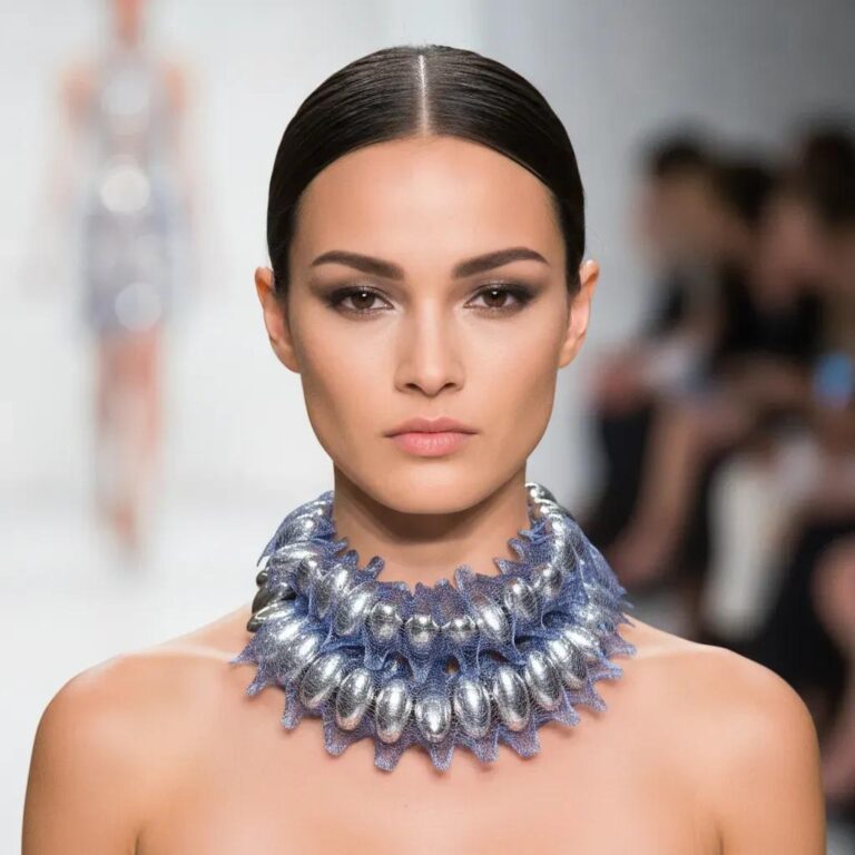 Model wearing Photophore Necklace with silver beads and blue mesh design styled as a bold sculptural choker on runway.