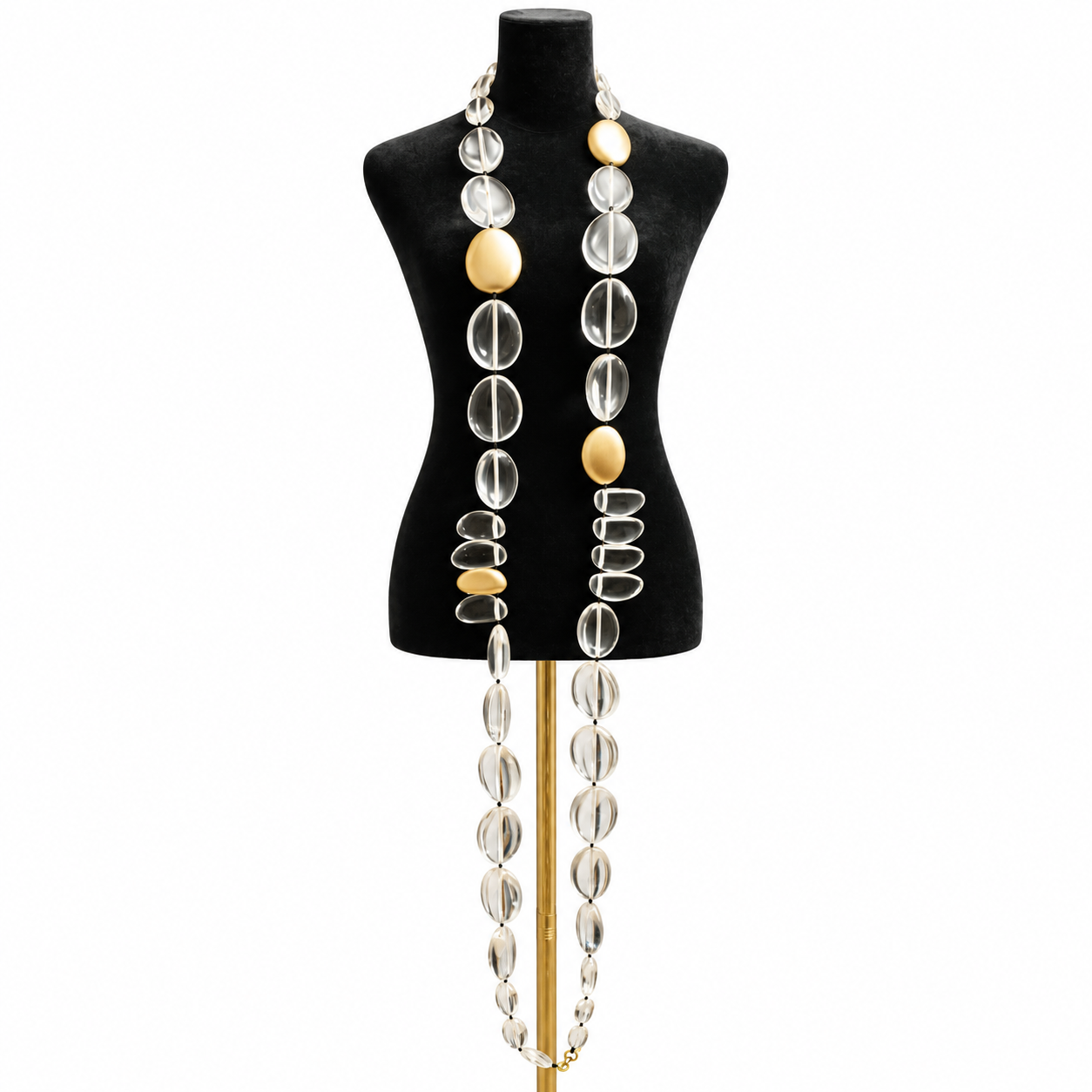 Long Necklace featuring alternating clear oval beads and smooth gold accent beads displayed on black mannequin.