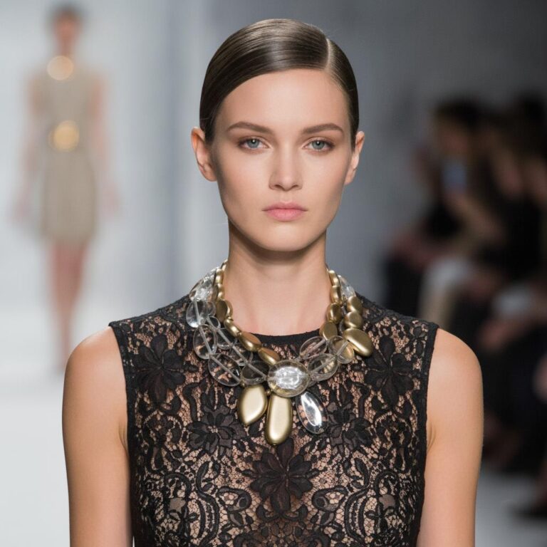 Model wearing Small Statement Necklace with gold and clear beads styled over black lace dress on runway.