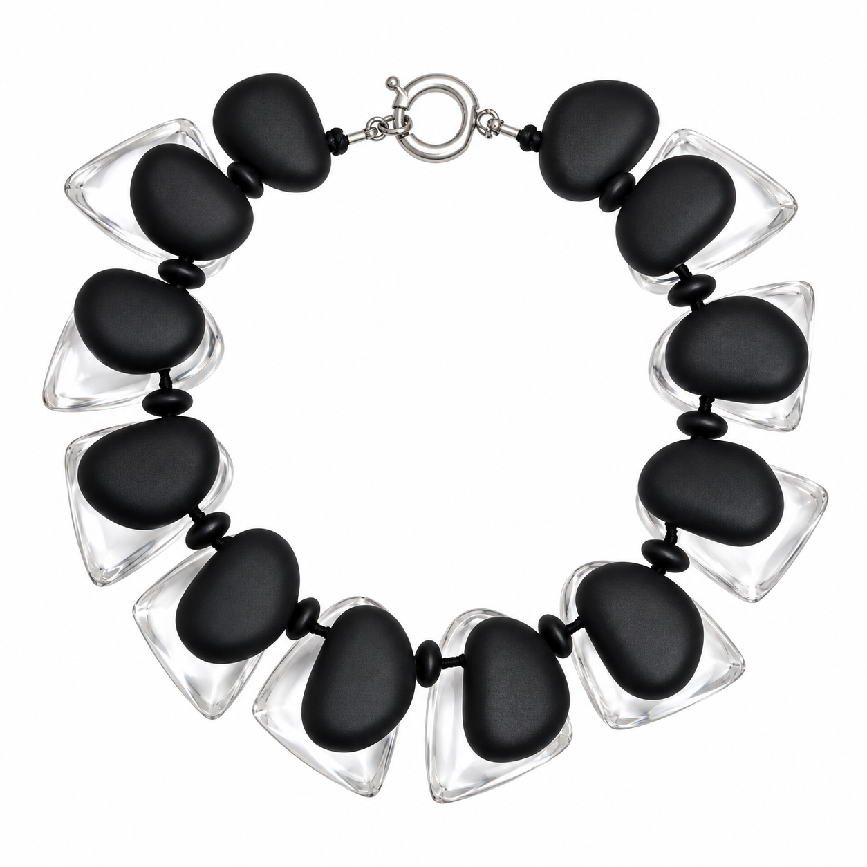 Double Short Necklace featuring alternating matte black and clear acrylic beads arranged in a bold circular design with silver clasp.