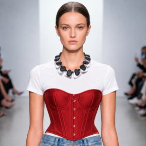 Model wearing Double Short Necklace with large black and clear beads styled over a white t-shirt.