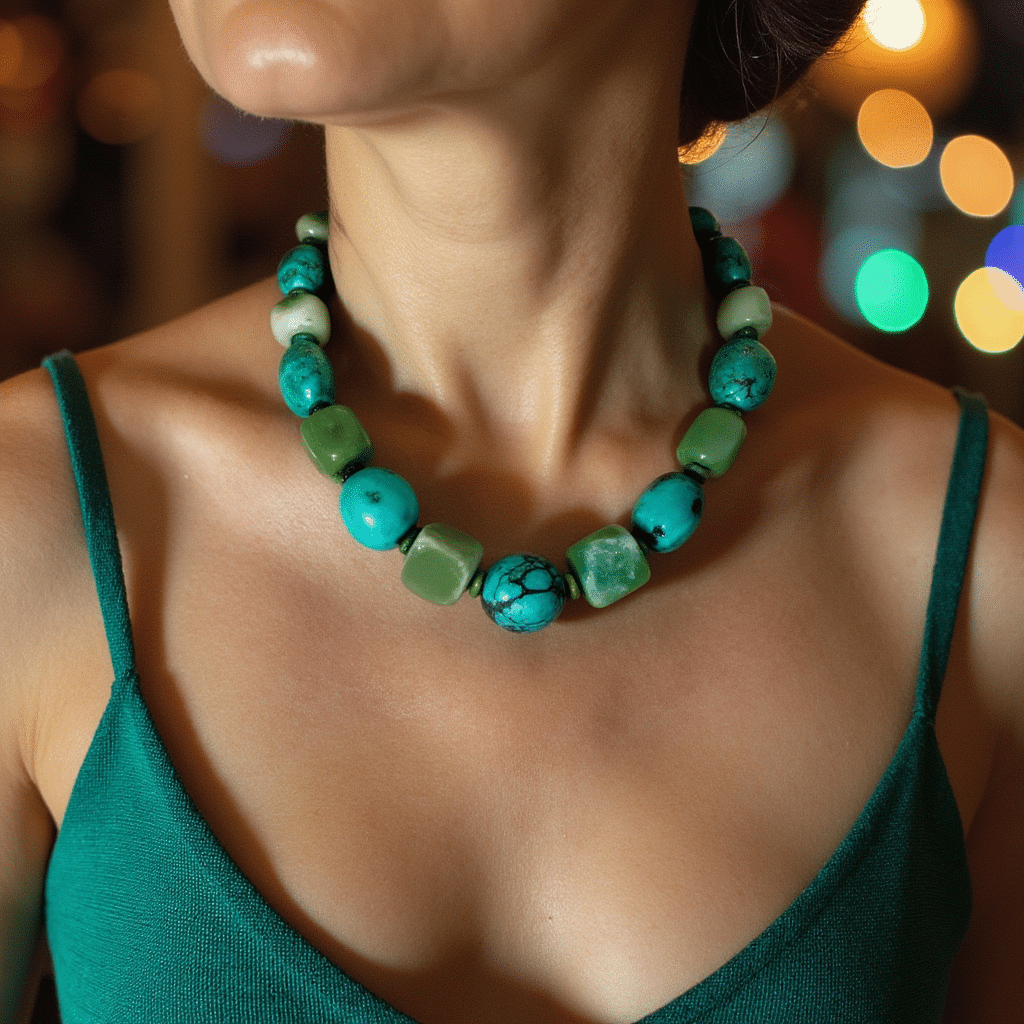 Infused with natural beauty and artisanal craftsmanship, this exquisite Aventurine Turquoise Necklace showcases a captivating blend of medium-sized green stones. Every element—from the unique textures to the rich, earthy hues—is carefully selected to embody elegance with a touch of wild individuality. The irregular shapes of the stones in the Aventurine Turquoise Necklace lend a one-of-a-kind character, transforming this accessory into a wearable piece of art that whispers of nature’s harmony.  Designed for the discerning wearer, the seamless fusion of natural color and texture delivers timeless aesthetic appeal. Whether layered over a linen blouse or paired with your favorite little black dress, it brings depth, vibrancy, and nature to any look. Elevate your jewelry collection with a piece that doesn't just accessorize—it tells a story. Ideal for those seeking distinctive beauty and connection with nature, this necklace captures the spirit of natural elegance and expressive style.  The irregularity of each stone accentuates its natural wonder.  Natural in nature, this handcrafted art piece is easy to wear every day, but its natural look is even more stunning with formal attire.