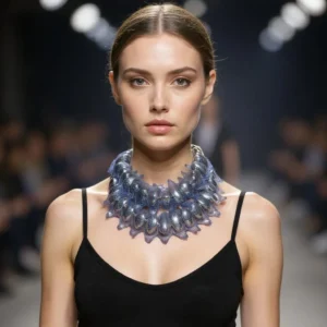 Adornment meets innovation in this stunning necklace, where large, oval silver beads are elegantly encapsulated in a shimmering blue metal mesh. The layers glint, shining like a photophore.  The striking contrast between the bright silver beads and the sleek deep-blue mesh creates a look that balances boldness with ease. Each bead nestles within the mesh, forming a cohesive thread that drapes fluidly yet holds its sculptural integrity. Designed for versatile wear, the piece can hang long for a graceful silhouette or be doubled into a chunky, stacked statement that hugs the neckline. Its fluidity allows it to complement minimalist dresses or be layered with other necklaces for a maximalist approach. The silver beads, reminiscent of marine photophores, reflect their own brilliance through the delicate mesh, creating a mesmerizing interplay of light and shadow.  The luminous shine of the encapsulated beads ensures this necklace captures attention from every angle. Handcrafted with skill, this piece merges modern industrial flair with timeless sophistication. It pairs effortlessly with tailored suiting, soft silks, or casual denim, adapting to both daywear and evening couture. Truly perfect as a gift or indulgence, this necklace is more than jewelry—it’s a wearable art piece. Embrace the allure of this photophore-inspired design and transform your wardrobe with unparalleled elegance.