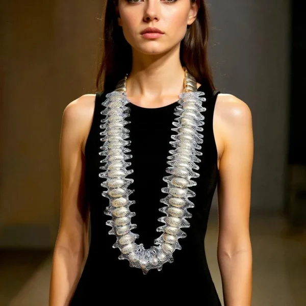 Adornment meets innovation in this stunning necklace, where large, oval silver beads are elegantly encapsulated in a shimmering blue metal mesh. The layers glint, shining like a photophore.  The striking contrast between the bright silver beads and the sleek deep-blue mesh creates a look that balances boldness with ease. Each bead nestles within the mesh, forming a cohesive thread that drapes fluidly yet holds its sculptural integrity. Designed for versatile wear, the piece can hang long for a graceful silhouette or be doubled into a chunky, stacked statement that hugs the neckline. Its fluidity allows it to complement minimalist dresses or be layered with other necklaces for a maximalist approach. The silver beads, reminiscent of marine photophores, reflect their own brilliance through the delicate mesh, creating a mesmerizing interplay of light and shadow.  The luminous shine of the encapsulated beads ensures this necklace captures attention from every angle. Handcrafted with skill, this piece merges modern industrial flair with timeless sophistication. It pairs effortlessly with tailored suiting, soft silks, or casual denim, adapting to both daywear and evening couture. Truly perfect as a gift or indulgence, this necklace is more than jewelry—it’s a wearable art piece. Embrace the allure of this photophore-inspired design and transform your wardrobe with unparalleled elegance.