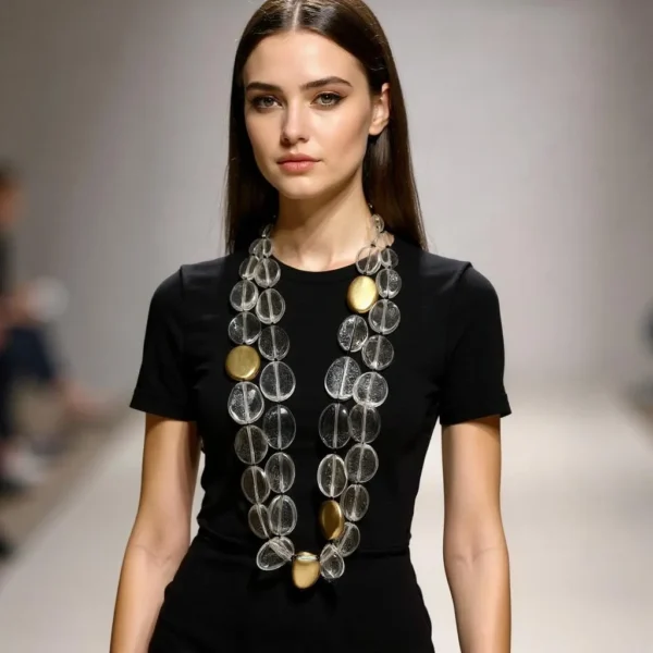 Crafted to command attention, this exquisite necklace with extended length features a stunning combination of clear beads interspersed with elegant gold accent beads. Its harmonious blend of transparent and metallic hues offers a luxurious sheen that captures light from every angle. Designed for versatility, you can wear it as a single strand with a long, flowy dress to achieve effortless grace. Simply slip it over the head for instant elevation of casual separates, or transform it into two long strands that cascade beautifully, adding depth and dimension to your look. For a bold, fashion-forward twist, double it up again to create a chunky, sculptural statement. Each bead is uniformly strung on a durable, tangle-resistant cord that drapes gracefully and maintains its poise throughout the day. The juxtaposition of crystal-clear forms and golden accents lends this piece an air of modern elegance while retaining timeless appeal. Perfect for both daytime sophistication and evening glamour, it transitions seamlessly from desk to dinner and beyond. Lightweight yet substantial, the design moves with your body, catching reflections with every turn. Allow this dramatic piece to take you from workwear to weekend attire, ensuring a lasting impression wherever you go.  Each clear bead reflects a prism of color, while gold accents cast a long glow.