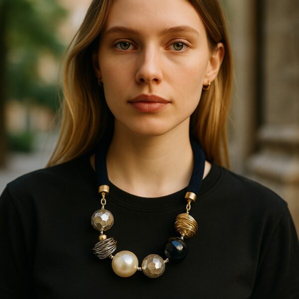 Elevate your neckline with an exquisite balance of elegance and artistry. This black and white necklace features a luxurious black velvet cord adorned with a stunning array of mixed-shaped gold, silver, black, and pearl beads. Crafted to create the illusion of a longer neck, the beads’ strategic spacing guides the eye upward, accentuating the natural curve of the neckline. Each bead is selected for shape and hue, blending polished metallic tones with luminous pearls. The mix of onyx-like beads, shimmering silver, and warm gold produces an interplay of textures and light. Suspended on a soft velvet cord, the ensemble drapes gracefully, combining comfort and sophistication. Designed for versatility, this piece transitions effortlessly from day to evening attire. Pair it with a crisp white blouse to add modern refinement, or complement a little black dress for a timeless silhouette. Whether styled as a focal statement or layered with other necklaces, its refined geometry offers a flattering proportion that contributes to the illusion of elongation. Lightweight and comfortable, the velvet cord secures with a discreet clasp for a perfect fit. Let this piece blend classic black-and-white appeal with contemporary design. A testament to masterful craftsmanship, modern elegance. Embrace its transformative power and the third illusion it casts—elevating every ensemble with understated sophistication.