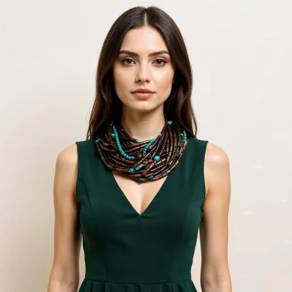 This exquisite multi-strand necklace is practical in every sense, seamlessly blending style and functionality. Handcrafted with care, it features polished wooden beads that showcase their warm, natural tones alongside vibrant turquoise accents that inject a burst of color into any look. The combination creates a striking visual appeal that feels both grounded and fresh. Measuring 38 inches when worn as a single strand, the necklace hangs gracefully, draping around the neck in elegant layers. Its versatile horseshoe clasp design offers a practical way for styling options, allowing you to double it up into a chic choker for a completely different vibe. This duality makes the piece practical for everyday wear and ideal for special occasions alike. Each bead is meticulously chosen to ensure uniformity in shape and color, resulting in a harmonious flow that highlights the contrast between deep wood grains and the bright turquoise hue. The horseshoe clasp, with its smooth curves and secure closure, adds a refined touch, reinforcing the necklace’s blend of artisanal craftsmanship and modern sensibility. Whether you’re dressing up a simple blouse or accentuating a formal gown, this statement necklace elevates your ensemble with ease. It’s the perfect accessory for those who appreciate adaptive design and enduring beauty.