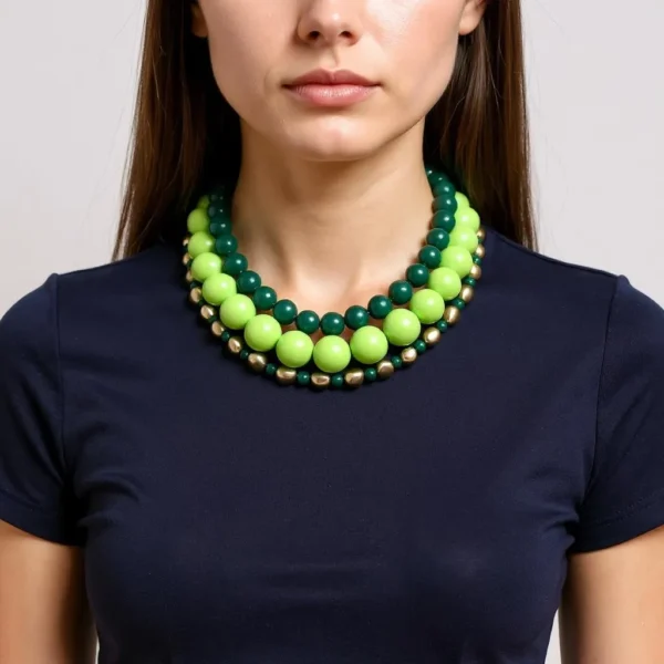Color is the point here.  A blend of green tones.  Elevate your ensemble with this stunning triple-strand choker that captures the essence of verdant luxury. Crafted from a harmonious blend of forest green medium beads, vibrant lime green large beads, and delicate malachite green small beads, it weaves multiple shades into an irresistible tapestry. Each strand is elegantly interspersed with accent gold beads, adding a warm shimmer that complements the greens beautifully. Measuring 16 inches, this choker offers a snug yet comfortable fit at the base of the neck. Need extra reach? Simply extend to 20 inches for a more relaxed drape. Whether worn tight or slightly loose, this design adapts seamlessly to both casual and formal looks. The thoughtful arrangement showcases the full spectrum of leafy tones, offering a bold splash of emerald elegance. Its layered color structure creates depth and movement, ensuring you’ll catch light—and eyes—with every turn. Perfect for introducing a sophisticated pop of color without overwhelming your outfit, this piece stands out in a crowd. Ideal for pairing with a crisp white blouse or a sleek evening gown, the Exquisite Green Choker Necklace adds instant refinement. Embrace the splendor of greens and transform your look with this versatile accessory that celebrates nature’s richest hues.  Easily add a pop of color elegantly to any outfit.