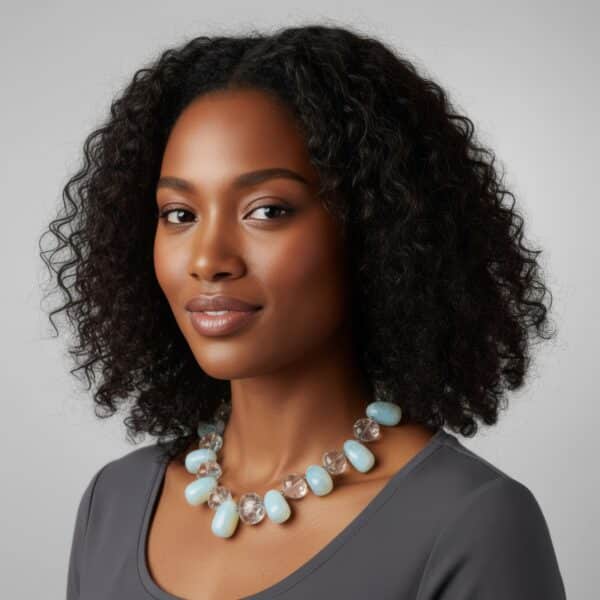 Experience the enchantment of natural beauty and artistry with our handcrafted necklace featuring luminous gemstones. This extraordinary piece showcases an elegant interplay between two distinct bead types, marrying subtle opalescence with earthy sophistication. The design revolves around the seamless union of Opalite Crystal beads and genuine Crystal Rock beads. Each element captures and reflects light in its own unique way, creating a dynamic dance of brilliance with every movement. The Opalite Crystal strands reveal a mesmerizing color effect that shifts from soft green to pale blue, lending the necklace an ethereal quality that changes with each glance. Complementing these hues, the Crystal Rock beads provide structure and clarity, grounding the iridescent glow in polished elegance. Capable of harmonizing with virtually any outfit, this versatile accessory transitions seamlessly from casual to formal settings. Whether paired with a crisp white blouse or a sleek evening gown, the subtle sparkle of Opalite Crystal details creates an eye-catching focal point without overwhelming the ensemble. More than an ornament, this necklace stands as a work of art, connecting fashion with raw earth elegance. The interplay of transparent beads and natural textures delivers a distinctive organic look, highlighting both craftsmanship and mindful design. Enhance your collection with this piece that brings a luminous perspective to any wardrobe.