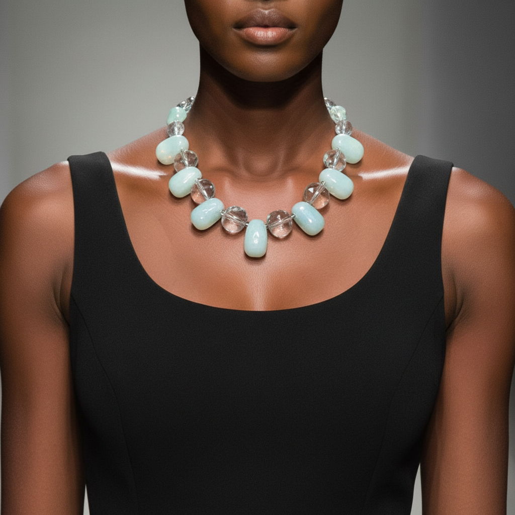 Model wearing Opalite Crystal Necklace with luminous blue and clear beads styled over a black sleeveless dress on runway.