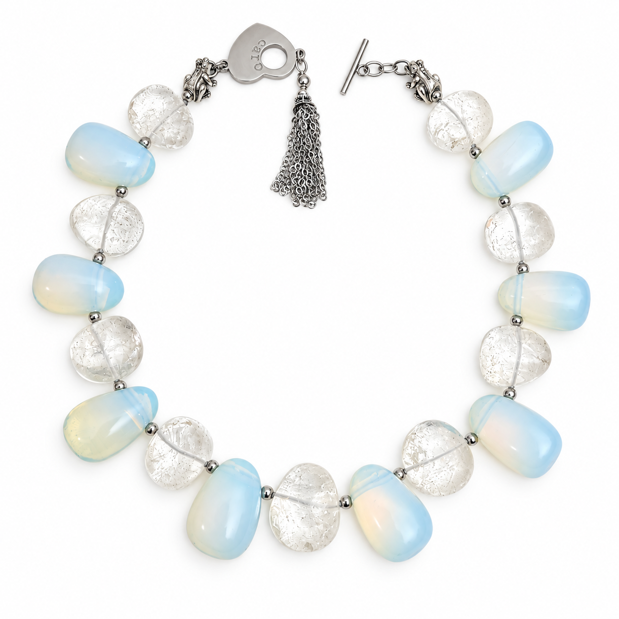 Opalite Crystal Necklace featuring alternating milky blue opalite and clear crystal rock beads with silver toggle clasp and tassel accent.