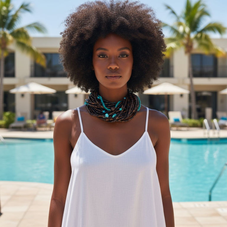 Model wearing multi‑strand brown and turquoise beaded necklace styled over white sleeveless dress by poolside.