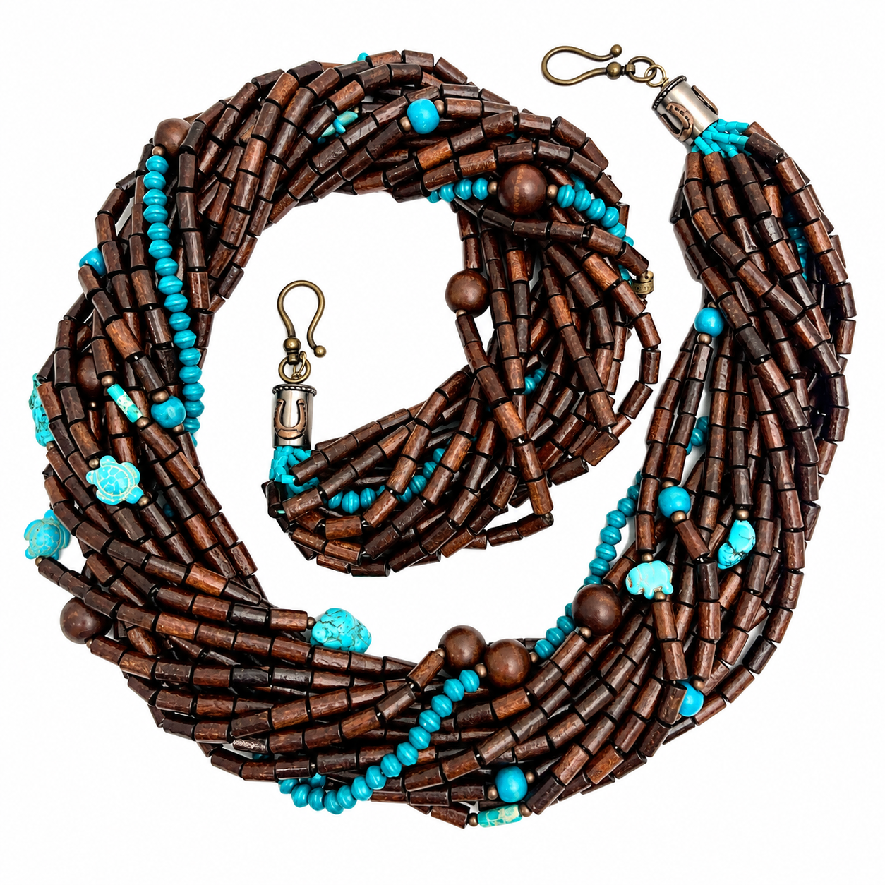 Multi‑strand necklace featuring dark brown wooden beads and turquoise accents with antique brass horseshoe clasp.