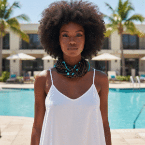 This exquisite multi-strand necklace is practical in every sense, seamlessly blending style and functionality. Handcrafted with care, it features polished wooden beads that showcase their warm, natural tones alongside vibrant turquoise accents that inject a burst of color into any look. The combination creates a striking visual appeal that feels both grounded and fresh. Measuring 38 inches when worn as a single strand, the necklace hangs gracefully, draping around the neck in elegant layers. Its versatile horseshoe clasp design offers a practical way for styling options, allowing you to double it up into a chic choker for a completely different vibe. This duality makes the piece practical for everyday wear and ideal for special occasions alike. Each bead is meticulously chosen to ensure uniformity in shape and color, resulting in a harmonious flow that highlights the contrast between deep wood grains and the bright turquoise hue. The horseshoe clasp, with its smooth curves and secure closure, adds a refined touch, reinforcing the necklace’s blend of artisanal craftsmanship and modern sensibility. Whether you’re dressing up a simple blouse or accentuating a formal gown, this statement necklace elevates your ensemble with ease. It’s the perfect accessory for those who appreciate adaptive design and enduring beauty.