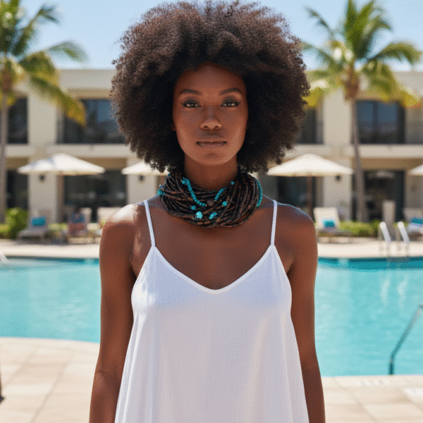 This exquisite multi-strand necklace is practical in every sense, seamlessly blending style and functionality. Handcrafted with care, it features polished wooden beads that showcase their warm, natural tones alongside vibrant turquoise accents that inject a burst of color into any look. The combination creates a striking visual appeal that feels both grounded and fresh. Measuring 38 inches when worn as a single strand, the necklace hangs gracefully, draping around the neck in elegant layers. Its versatile horseshoe clasp design offers a practical way for styling options, allowing you to double it up into a chic choker for a completely different vibe. This duality makes the piece practical for everyday wear and ideal for special occasions alike. Each bead is meticulously chosen to ensure uniformity in shape and color, resulting in a harmonious flow that highlights the contrast between deep wood grains and the bright turquoise hue. The horseshoe clasp, with its smooth curves and secure closure, adds a refined touch, reinforcing the necklace’s blend of artisanal craftsmanship and modern sensibility. Whether you’re dressing up a simple blouse or accentuating a formal gown, this statement necklace elevates your ensemble with ease. It’s the perfect accessory for those who appreciate adaptive design and enduring beauty.