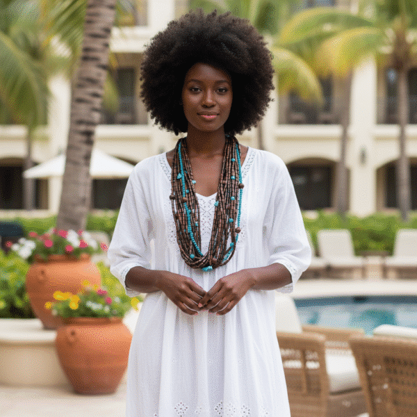 This exquisite multi-strand necklace is practical in every sense, seamlessly blending style and functionality. Handcrafted with care, it features polished wooden beads that showcase their warm, natural tones alongside vibrant turquoise accents that inject a burst of color into any look. The combination creates a striking visual appeal that feels both grounded and fresh. Measuring 38 inches when worn as a single strand, the necklace hangs gracefully, draping around the neck in elegant layers. Its versatile horseshoe clasp design offers a practical way for styling options, allowing you to double it up into a chic choker for a completely different vibe. This duality makes the piece practical for everyday wear and ideal for special occasions alike. Each bead is meticulously chosen to ensure uniformity in shape and color, resulting in a harmonious flow that highlights the contrast between deep wood grains and the bright turquoise hue. The horseshoe clasp, with its smooth curves and secure closure, adds a refined touch, reinforcing the necklace’s blend of artisanal craftsmanship and modern sensibility. Whether you’re dressing up a simple blouse or accentuating a formal gown, this statement necklace elevates your ensemble with ease. It’s the perfect accessory for those who appreciate adaptive design and enduring beauty.