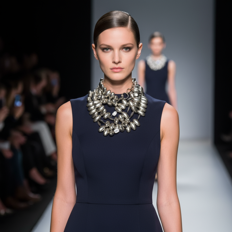Model wearing a sleeveless navy dress and a bold multistrand silver oval bead necklace with pearl accents on a fashion runway.