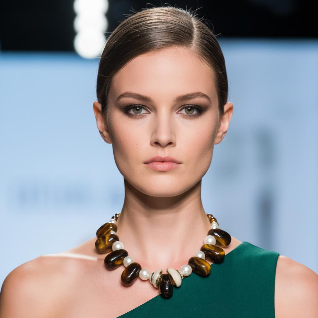 Model wearing a green one‑shoulder dress and a statement necklace made of tiger eye stones, pearls, and shell accents on a fashion runway.