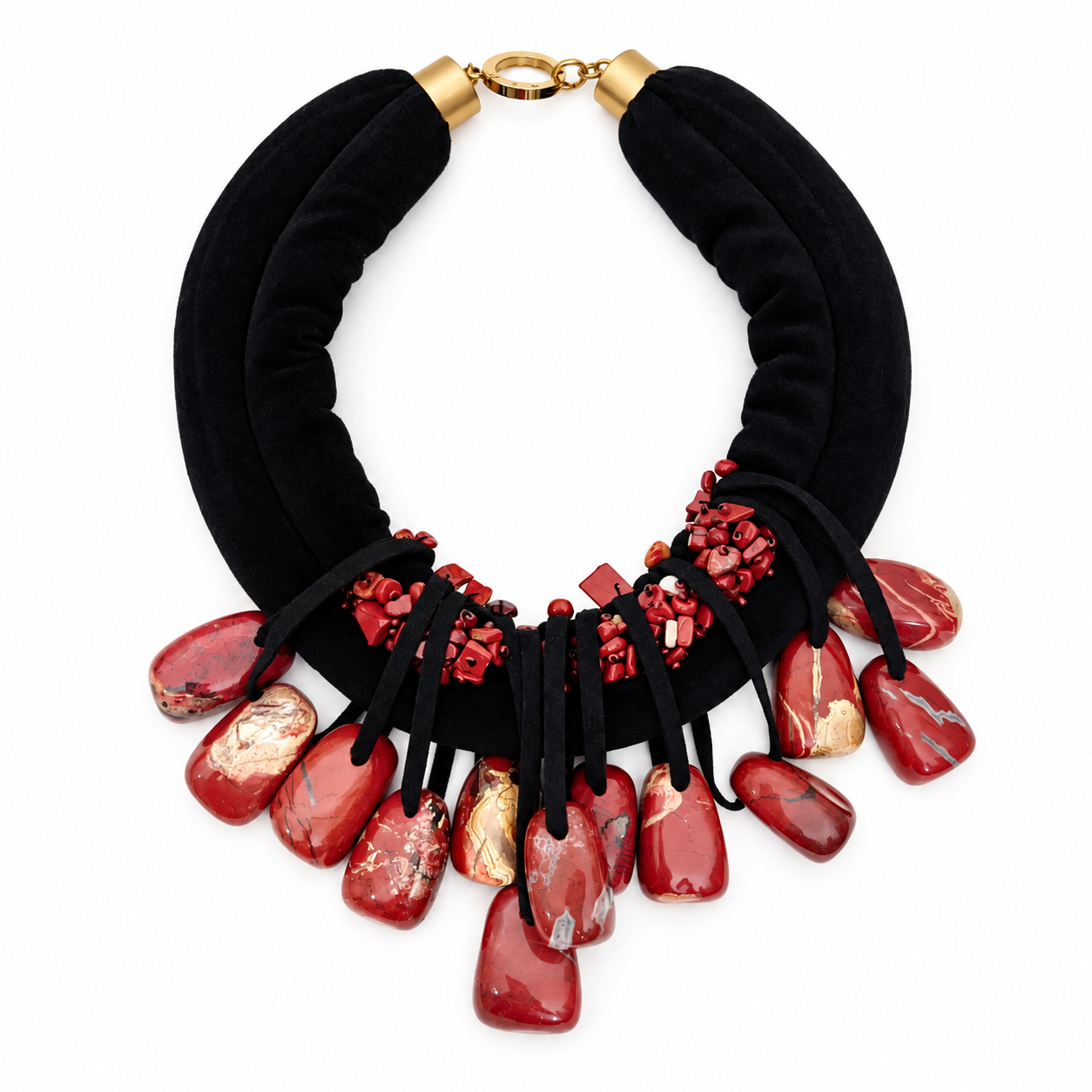 Statement necklace displayed in a circular shape featuring dangling oval red jasper stones with natural oxide patterns suspended from dual black velvet cords.