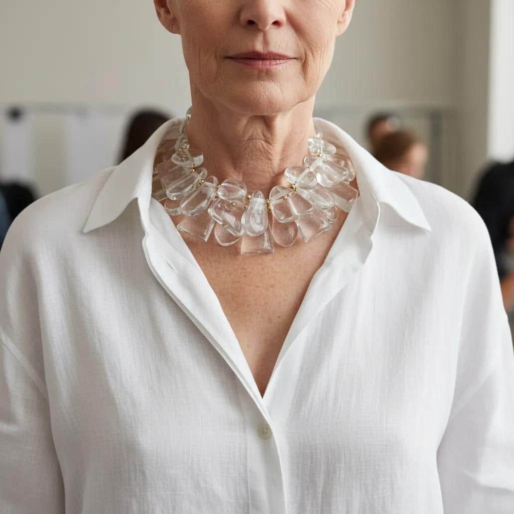 Clear Acrylic Cluster Necklace with Gold Accents Make a bold impression with this sculptural statement necklace, designed to evoke the crystalline beauty of ice.  Featuring a clustered arrangement of three strands of large, clear acrylic beads, this piece catches and reflects light with dazzling clarity.  Each bead is separated by gold-tone spacer accents, adding warmth and contrast to the cool, glass-like shimmer.   The necklace is secured with a large, easy-to-use lobster clasp, ensuring both comfort and durability. Measuring 17 inches in length with an adjustable extension up to 22 inches, it offers versatility for different necklines and styling preferences. At 16 ounces, it has a substantial feel—like wearing a piece of modern art. Whether you're dressing for a gallery opening, a winter soirée, or want to elevate your everyday look, this necklace will turn heads.  Its unique design mimics the elegance of ice formations, while the gold accents lend a touch of luxury.  This is more than jewelry—it’s a wearable sculpture, crafted to impress and inspire.  With its ice-like clarity and bold silhouette, it’s the perfect fusion of art and fashion.