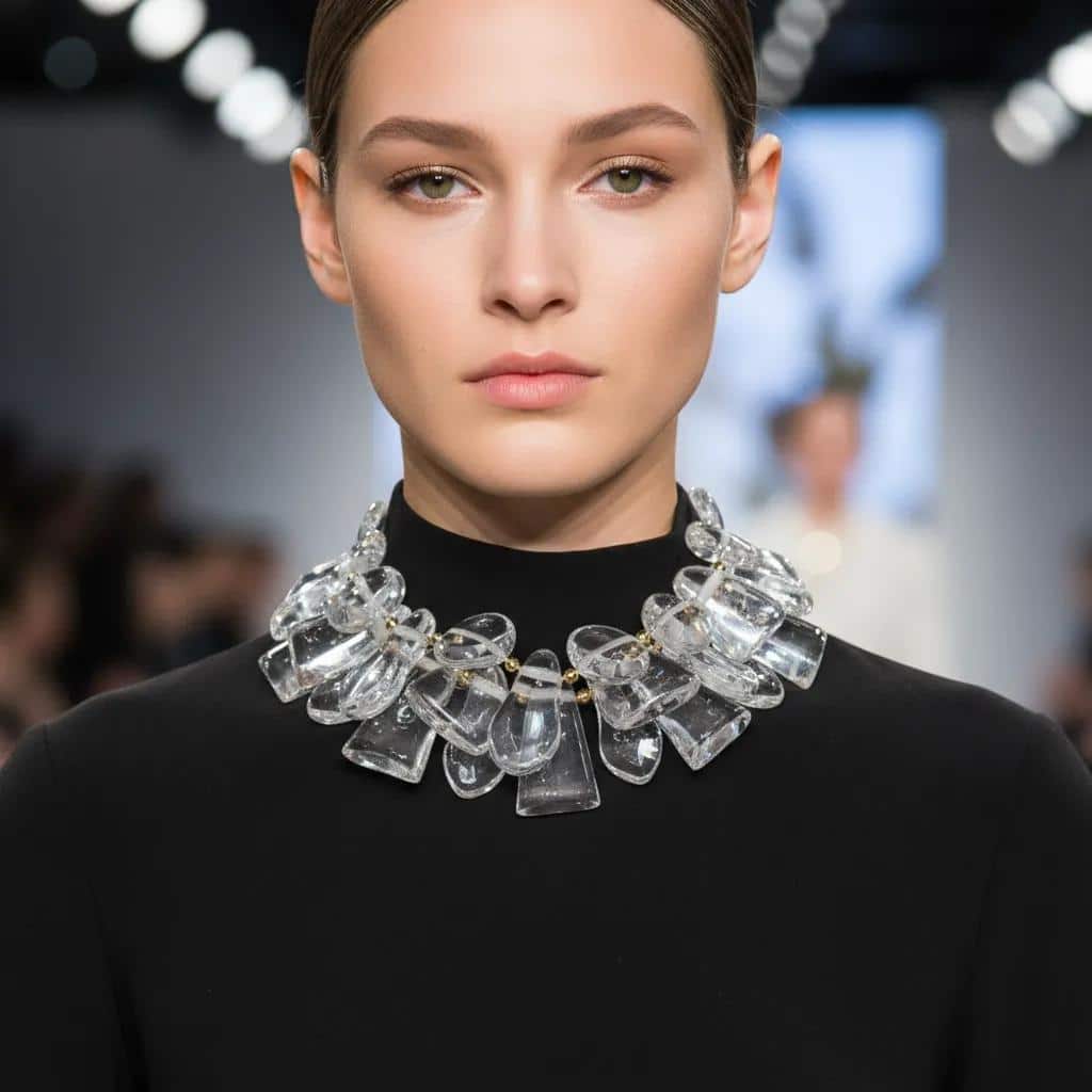 Clear Acrylic Cluster Necklace with Gold Accents Make a bold impression with this sculptural statement necklace, designed to evoke the crystalline beauty of ice.  Featuring a clustered arrangement of three strands of large, clear acrylic beads, this piece catches and reflects light with dazzling clarity.  Each bead is separated by gold-tone spacer accents, adding warmth and contrast to the cool, glass-like shimmer.   The necklace is secured with a large, easy-to-use lobster clasp, ensuring both comfort and durability. Measuring 17 inches in length with an adjustable extension up to 22 inches, it offers versatility for different necklines and styling preferences. At 16 ounces, it has a substantial feel—like wearing a piece of modern art. Whether you're dressing for a gallery opening, a winter soirée, or want to elevate your everyday look, this necklace will turn heads.  Its unique design mimics the elegance of ice formations, while the gold accents lend a touch of luxury.  This is more than jewelry—it’s a wearable sculpture, crafted to impress and inspire.  With its ice-like clarity and bold silhouette, it’s the perfect fusion of art and fashion.