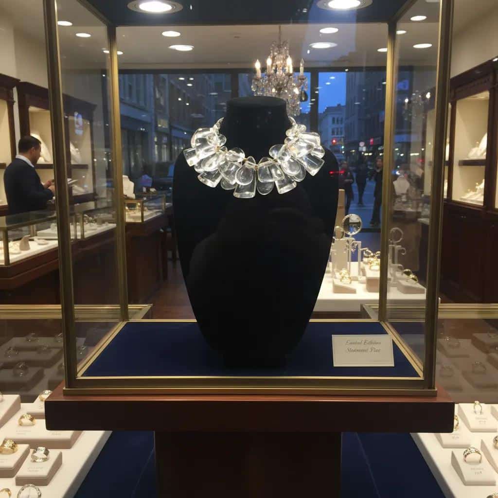 Clear Acrylic Cluster Necklace with Gold Accents Make a bold impression with this sculptural statement necklace, designed to evoke the crystalline beauty of ice.  Featuring a clustered arrangement of three strands of large, clear acrylic beads, this piece catches and reflects light with dazzling clarity.  Each bead is separated by gold-tone spacer accents, adding warmth and contrast to the cool, glass-like shimmer.   The necklace is secured with a large, easy-to-use lobster clasp, ensuring both comfort and durability. Measuring 17 inches in length with an adjustable extension up to 22 inches, it offers versatility for different necklines and styling preferences. At 16 ounces, it has a substantial feel—like wearing a piece of modern art. Whether you're dressing for a gallery opening, a winter soirée, or want to elevate your everyday look, this necklace will turn heads.  Its unique design mimics the elegance of ice formations, while the gold accents lend a touch of luxury.  This is more than jewelry—it’s a wearable sculpture, crafted to impress and inspire.  With its ice-like clarity and bold silhouette, it’s the perfect fusion of art and fashion.