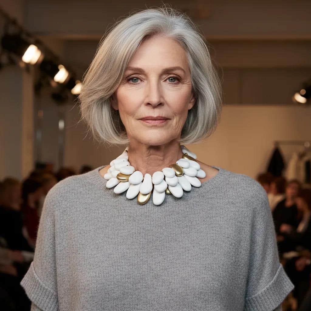 Winter White & Gold Acrylic Bead Necklace Command attention with this regal statement necklace, a sculptural blend of winter white and gleaming gold accents. Crafted with multilayered strands of acrylic beads, the design evokes natural pebbles—smooth, matte, and artfully arranged.  Interspersed among the white beads are gold-toned spacers, adding warmth and contrast to the cool palette. This necklace is more than an accessory—it’s a wearable art piece. The layered construction creates depth and movement, while the circular clasp ensures a secure and polished finish. Measuring 16 inches with an extension up to 21 inches, it adapts effortlessly to different necklines and occasions.  At 14 ounces, it has a bold, confident presence without compromising comfort. Whether paired with a crisp blouse or a dramatic evening dress, this necklace transitions seamlessly from day to night. Its regal tones and organic shapes make it a standout piece for gallery events, holiday gatherings, or everyday elegance. Celebrate your individuality with a design that’s both modern and timeless. The regal interplay of white and gold speaks to strength, grace, and artistic flair—perfect for those who love jewelry that makes a statement.