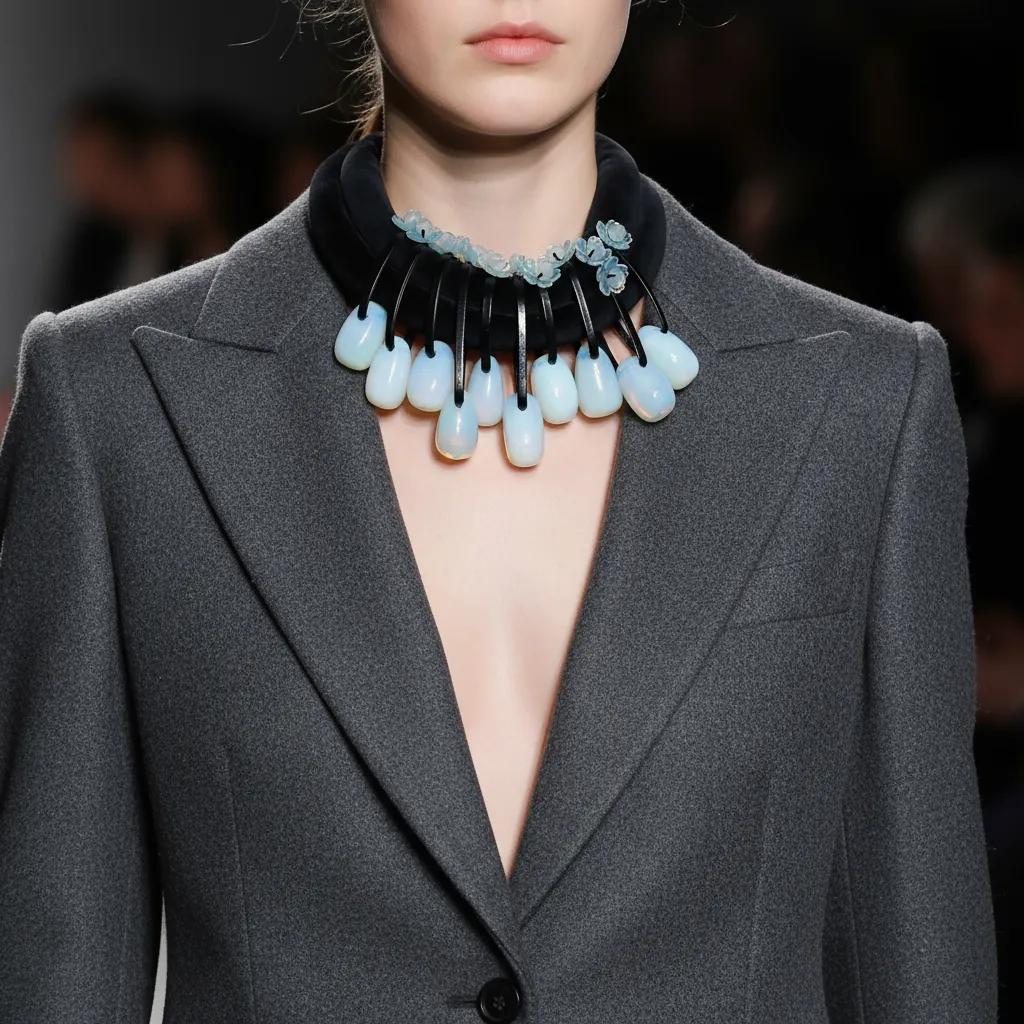 Translucent Opalite Velvet Choker Necklace Step into the light with this mesmerizing choker necklace, where translucent beauty meets bold design.  Featuring large, dangling Opalite beads suspended from a double velvet cord, this piece is crafted to capture attention.  Each bead is translucent, allowing light to pass through and dance across its surface, creating a subtle shimmer that shifts between blue and green tones depending on your surroundings. The dual velvet strands offer a rich, tactile contrast to the glass-like beads, enhancing the necklace’s visual depth and luxurious feel. Whether worn with a plunging neckline or layered over a high collar, this choker adds a touch of ethereal elegance to any outfit. • 💎 Materials: Translucent Opalite beads, soft velvet cord • 🎨 Color: Shifting hues of blue and green, influenced by ambient light • 🔗 Design: Double velvet cord with symmetrical dangling beads • 🌟 Style: Statement choker with a modern, mystical edge Perfect for evening wear, artistic ensembles, or everyday magic, this necklace invites compliments and conversation. The translucent nature of Opalite makes each piece feel alive—responding to light, mood, and movement. Let your jewelry reflect your radiance. This choker isn’t just an accessory—it’s a luminous expression of your unique style.  The necklace's weight is 9OZ, and 18IN long.