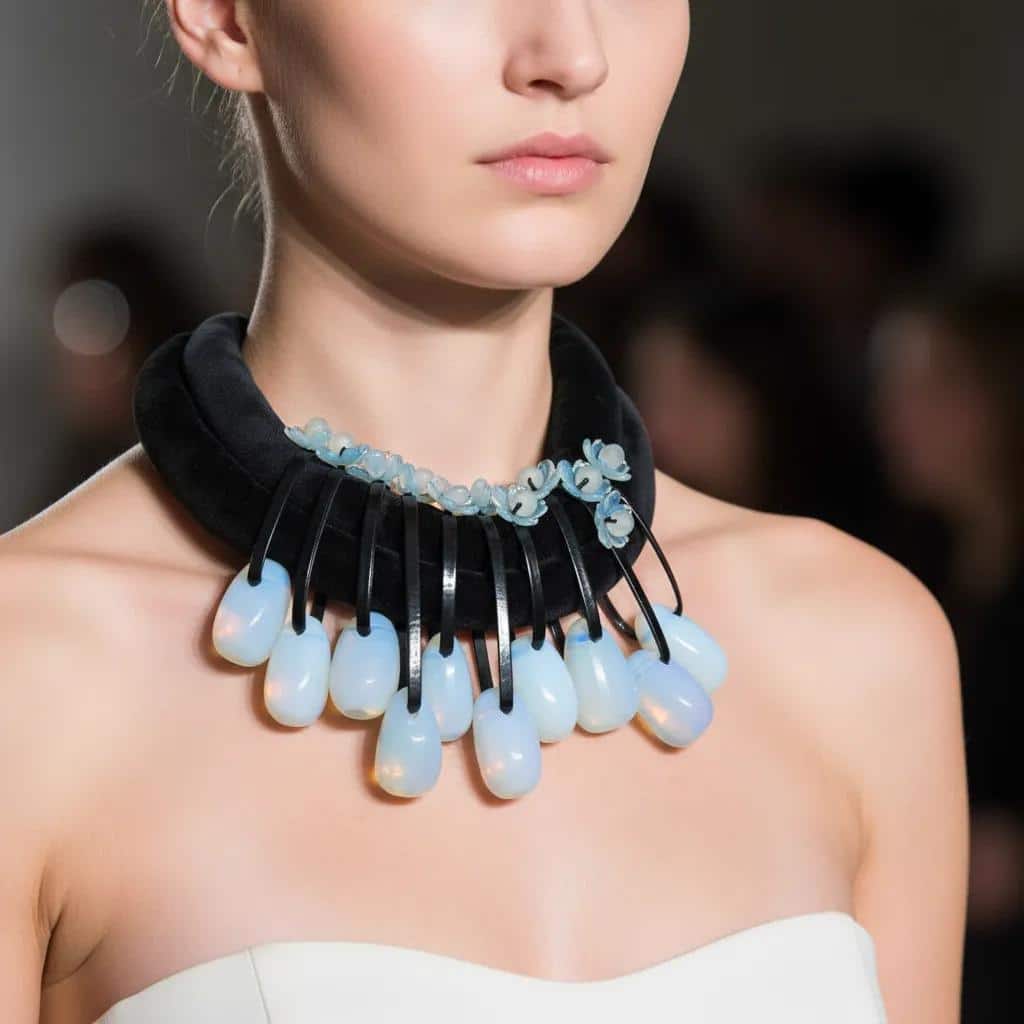 Translucent Opalite Velvet Choker Necklace Step into the light with this mesmerizing choker necklace, where translucent beauty meets bold design.  Featuring large, dangling Opalite beads suspended from a double velvet cord, this piece is crafted to capture attention.  Each bead is translucent, allowing light to pass through and dance across its surface, creating a subtle shimmer that shifts between blue and green tones depending on your surroundings. The dual velvet strands offer a rich, tactile contrast to the glass-like beads, enhancing the necklace’s visual depth and luxurious feel. Whether worn with a plunging neckline or layered over a high collar, this choker adds a touch of ethereal elegance to any outfit. • 💎 Materials: Translucent Opalite beads, soft velvet cord • 🎨 Color: Shifting hues of blue and green, influenced by ambient light • 🔗 Design: Double velvet cord with symmetrical dangling beads • 🌟 Style: Statement choker with a modern, mystical edge Perfect for evening wear, artistic ensembles, or everyday magic, this necklace invites compliments and conversation. The translucent nature of Opalite makes each piece feel alive—responding to light, mood, and movement. Let your jewelry reflect your radiance. This choker isn’t just an accessory—it’s a luminous expression of your unique style.  The necklace's weight is 9OZ, and 18IN long.