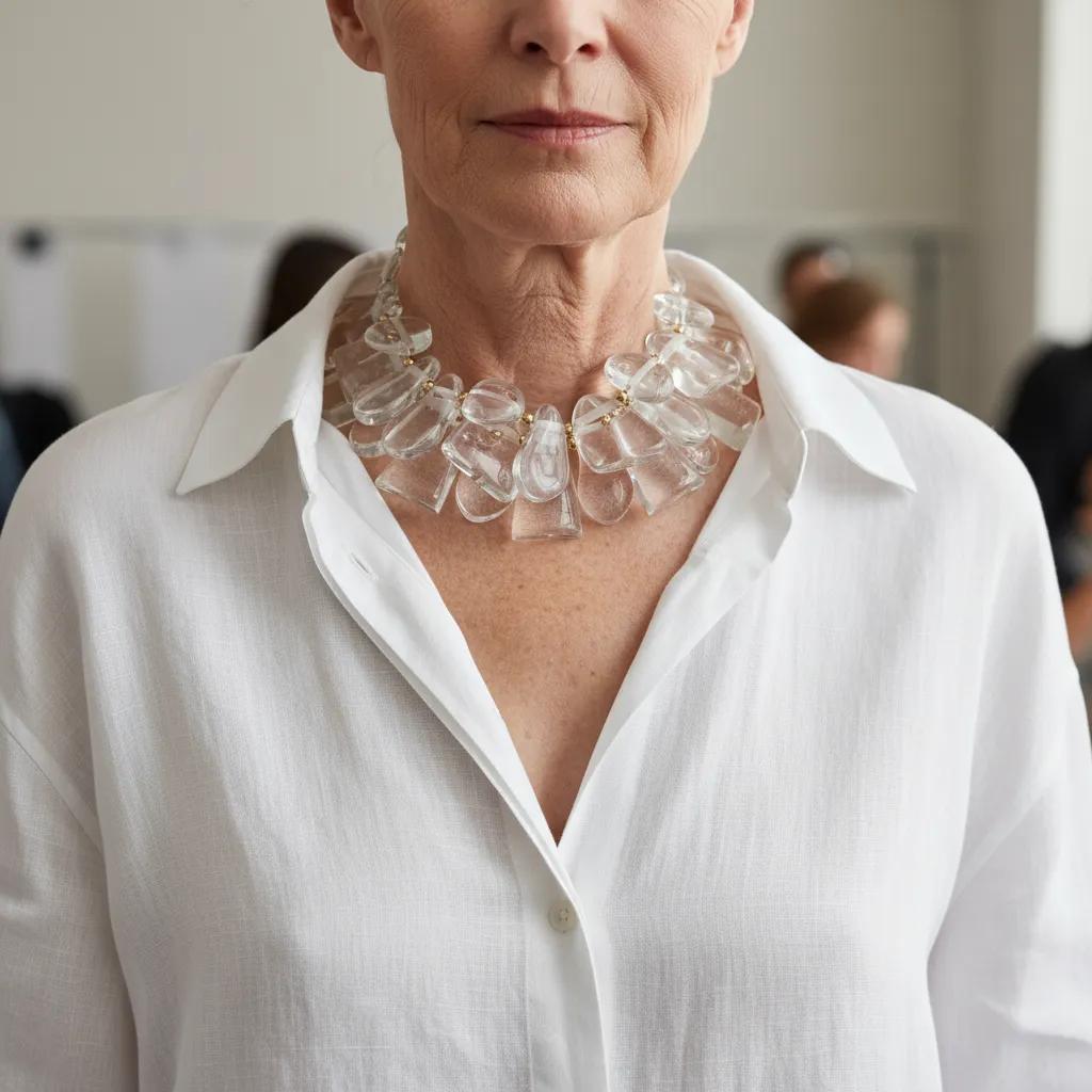 Model wearing a white button‑down shirt paired with a bold clear acrylic cluster necklace accented with gold spacers, creating a luminous, ice‑like effect.