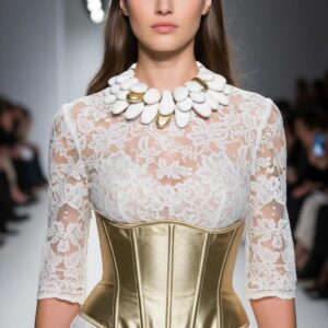 Model walking on a runway wearing a white lace top with three‑quarter sleeves and a metallic gold corset. Around her neck is a bold statement necklace composed of smooth, pebble‑shaped white and gold acrylic beads arranged in layered strands. The background shows a blurred audience, emphasizing the elegant contrast between the delicate lace, structured corset, and sculptural jewelry.