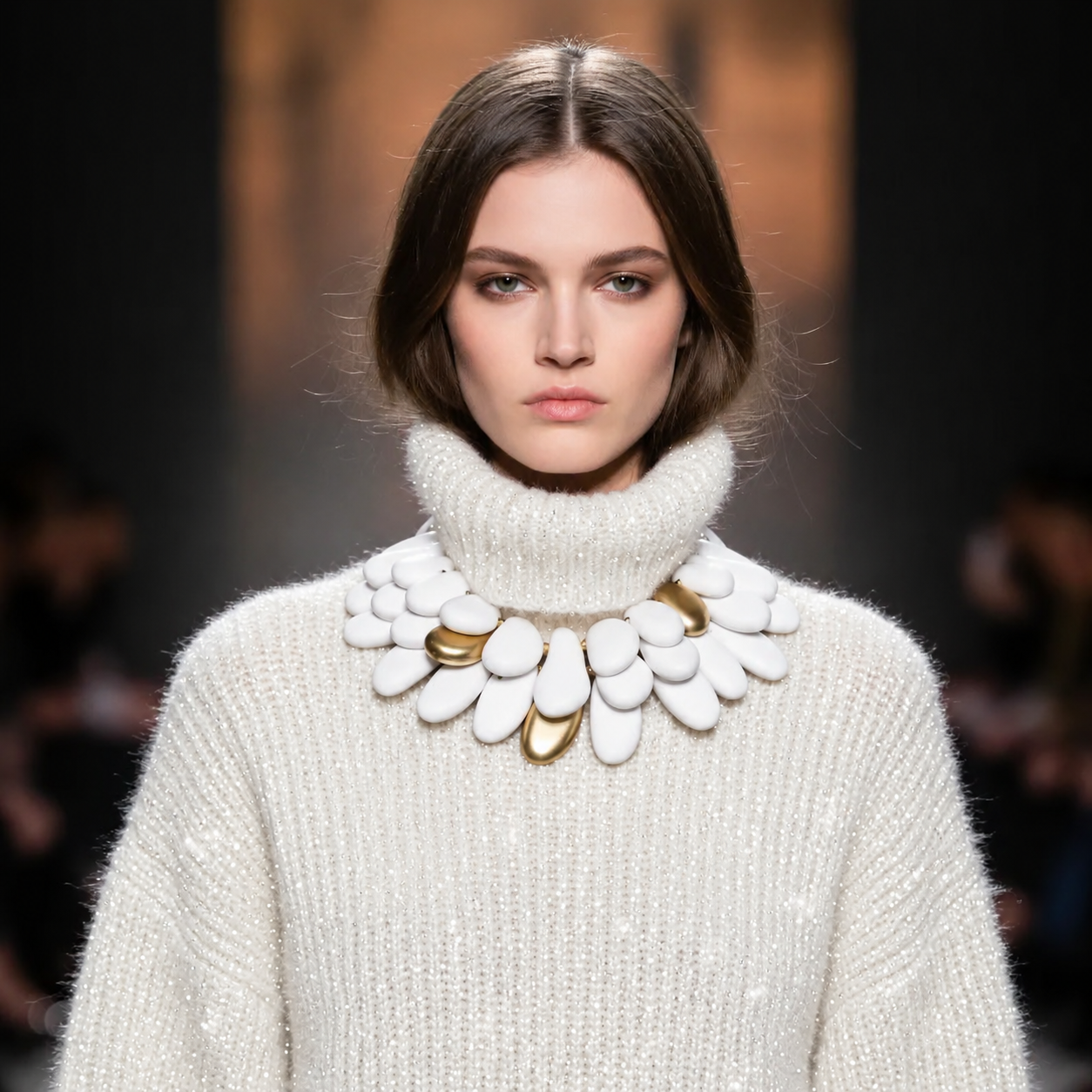 Model wearing a high‑neck textured cream sweater paired with a sculptural white and gold acrylic bead necklace, creating a bold, elegant winter look on a runway.